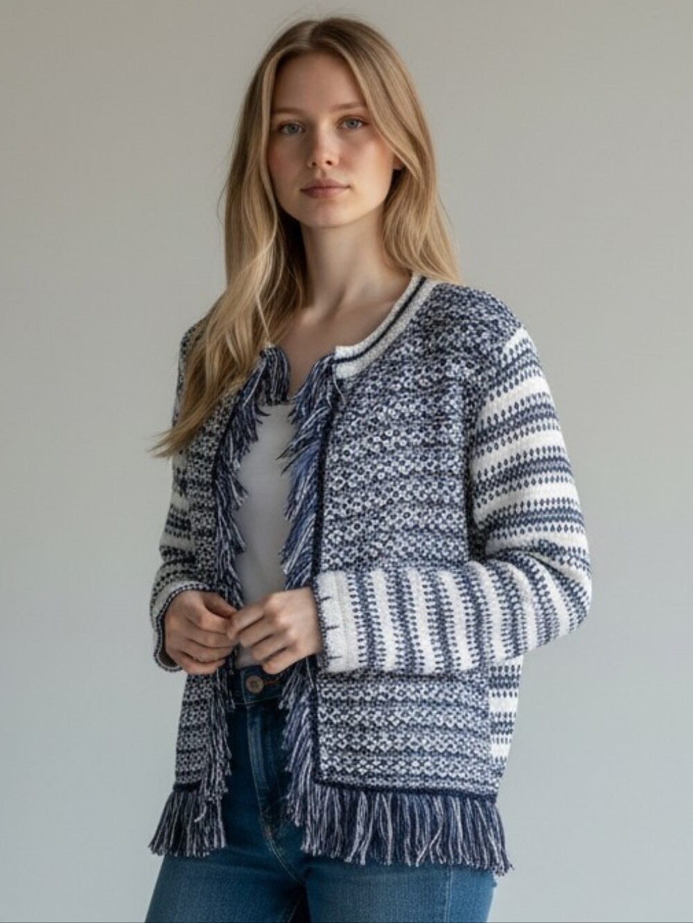 Pinko Made In Italy Cotton Blend Navy and White Knit Cardigan